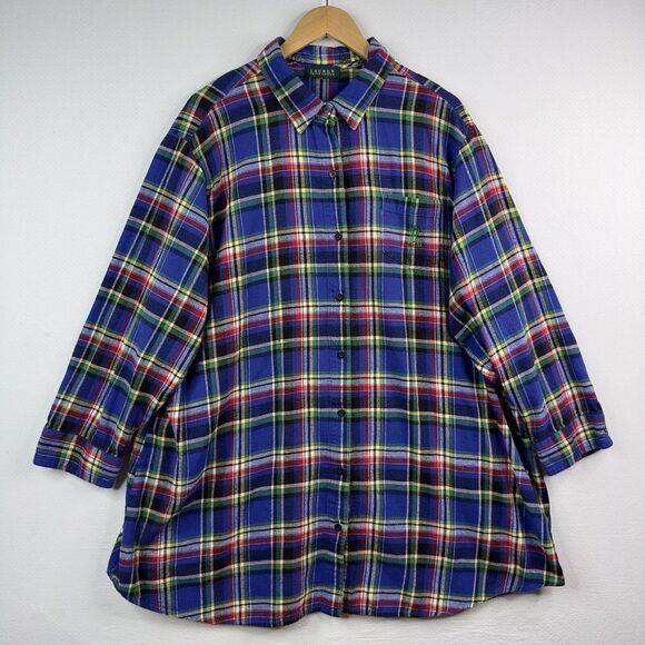 Lauren Ralph‎ Lauren Flannel Shirt Womens 3XL Blue Red Green  Plaid LRL Logo - Picture 9 of 9